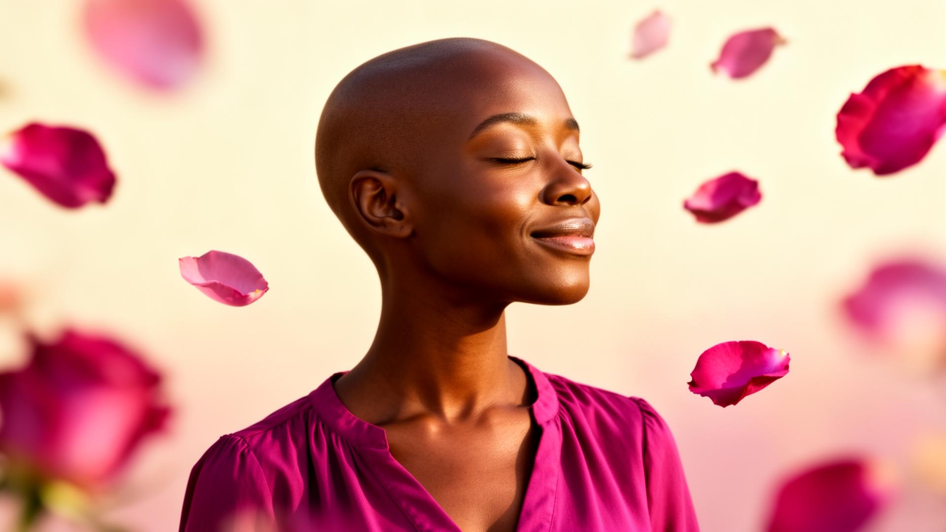 A woman with alopecia smiling peacefully as rose petals drift around her